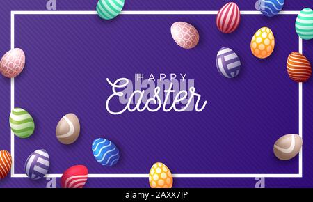Hintergrund der Osterfeiertage mit 3D Ostern bemalten Eiern und Rahmen. Draufsicht mit Kopierbereich. Vektorgrafiken Stock Vektor
