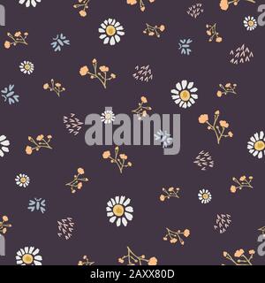 Winter Flower Daisy Motif auf dunkelbraunem Hintergrund. Naive Ditsies Mit Blumenmuster, Petal Marguarite . Nahtloses Muster mit Zierlichem Gypsophila-Stamm. Hand Gezogen Stock Vektor