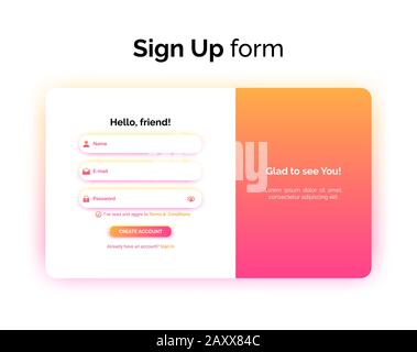 Anmeldeformular, Webdesign, UI UX-Registrierungsschnittstelle mit Gradient, Vektordarstellung. Stock Vektor