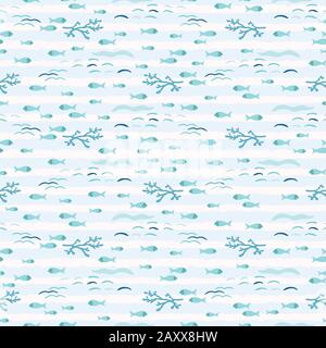 Süßer Fischschwärme, der im Meerwasser schwimmt. Cartoon Marine Animal Seamless Vector Background. Handgezogene Lebensfliese des Ozeans. Überall Print-Kinder-Textilien Stock Vektor