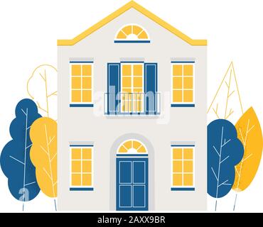 Süßes farbenfrohes Haus, umgeben von Bäumen. Stock Vektor