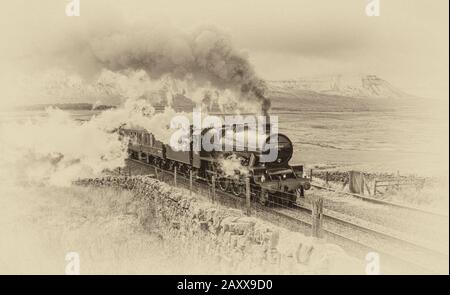 Die LMS Jubilee Class 6P, 4-6-0, 45562 Alberta in Ribblehead, die Blea Moor auf der Settle to Carlisle Line in den North Yorkshire Dales anführt Stockfoto