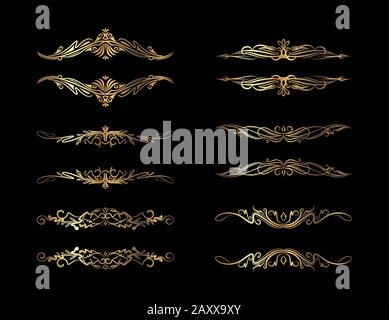 Set aus reich verzierten, goldfarbenen Umrandungen, Rahmen und Trennelementen für Text, der auf schwarzem Hintergrund für Ihr Design isoliert ist. Stock Vektor