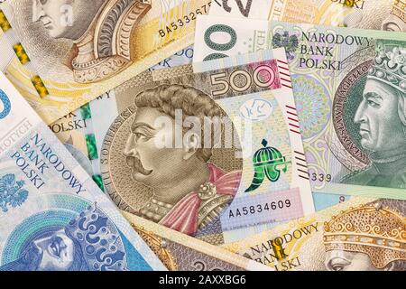 Neue polnische Banknoten 100, 200 und 500 Zloty Stockfoto