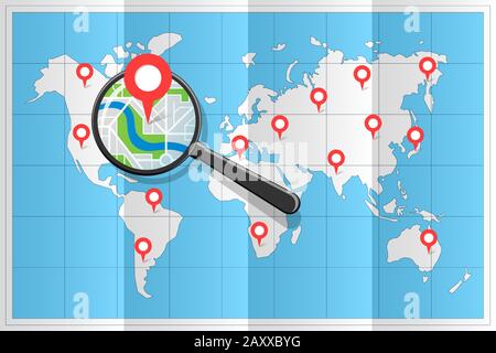 Lupe über gefaltete Weltkarte Suche Zielort für Urlaub Zoom gps-Position Stift auf Stadt Straße Vektor Illustration Stock Vektor