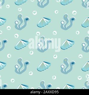 Blaue Seeschellen Algen und Blasen nahtloses Vektormuster Stock Vektor