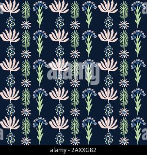 Klassischer, Blauer, In Gänseblümchen Geblümter Posy-Motifhintergrund. Naives Muster Der Blume Der Blüte. Edle Elegante Marinebloom auf Creme Beige mit Blatt. Hand Gezogen Stock Vektor
