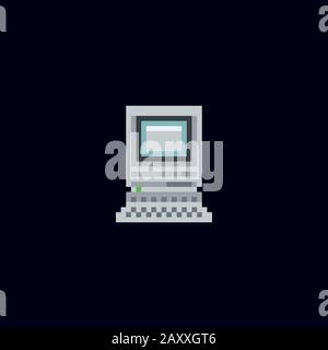 Retro-PC mit opettierendem Systemfenster auf dem Bildschirm, Computergehäuse und Vintage-Vektorgrafiken auf der Tastatur, isoliertes Symbol Stock Vektor