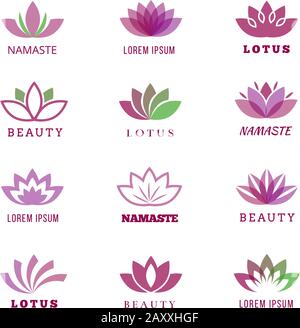 Vector Spa, Boutique, Schönheitssalon, Kosmetikerin, Shop, Yoga-Klasse, Hotel- und Resortlogo mit lotus-blumen. Lotus namaste Boutique, Kosmetikerin l. Stock Vektor