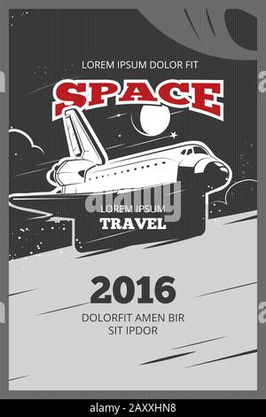 Vektor-Poster für die Raumfahrt im Vintage-Stil. Raumfahrt, Raumfähre für die Raumfahrt, Raketenabbildung für die Raumfahrt Stock Vektor