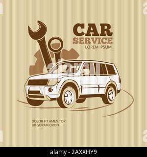 Vektorposter für den Service im Retro Car. Auto Service, Emblem Car Service, Logo Auto Service Illustration Stock Vektor