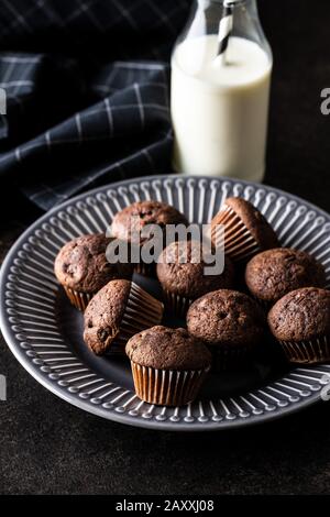 Schmackhafte Schokoladenmuffins. Süße Cupcakes auf dem Teller. Stockfoto