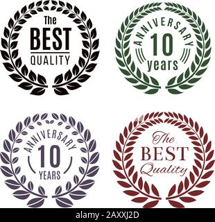 Jahrestag und erstklassiger Lorbeerkranz Vektor Set. Jahrestag des Lorbeer-Abzeichens, Lorbeerkranz mit Insignie, Abbildung mit dem PremiumLorbeerkranz Stock Vektor