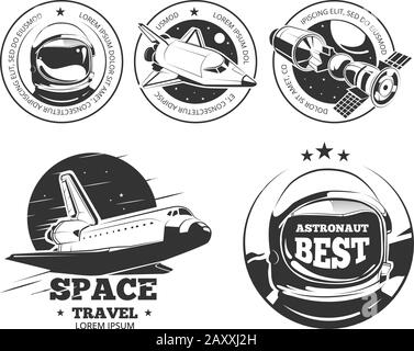 Logo für die Raumfahrt. Raketenetiketten, Astronautenabzeichen und Raumfahrerembleme Stock Vektor