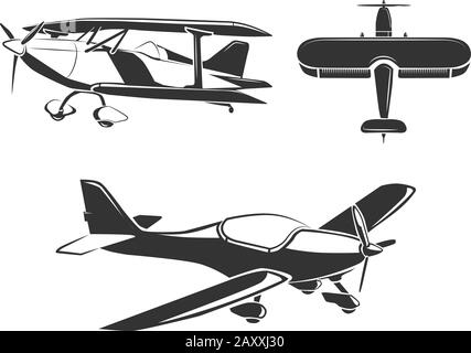 Vektorelemente für Embleme, Etiketten und Abzeichen im Flugzeug. Flugzeug und Flugzeug, Fliegenflugzeug, Flugzeuginillustration Stock Vektor