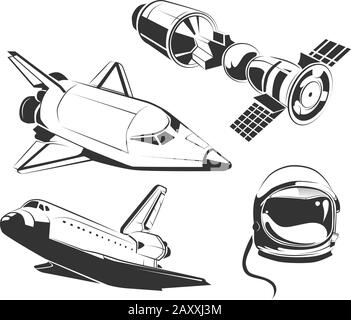 Vektorelemente für den klassischen Weltraum, Astronautenetiketten und Embleme. Raketenshuttle, Flight Shuttle Ship, Icon Raumschiff, Shuttle Illustration Stock Vektor