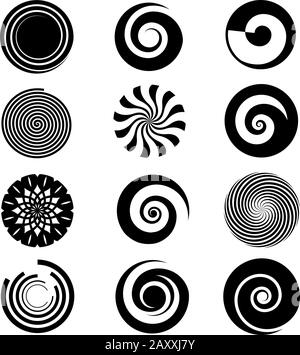 Vektor-Spiralelemente. Spiral-Drall-Symbol kreisförmig, Spiral-Spiralkreis, Darstellung der Spiraldrehung Stock Vektor