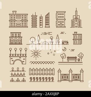 Lineare Symbole für Stadtbild, Landschaftselemente und Gebäudevektoren. Baustadt-Architektur, Hausbau linear, städtebauliche Illustration Stock Vektor