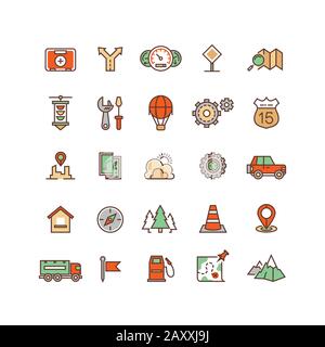 Symbole für die Anordnung und die Reise von flachen Vektoren. Adventure Car Road Icon, Traffic Car suv, Drive Car Route Illustration Stock Vektor