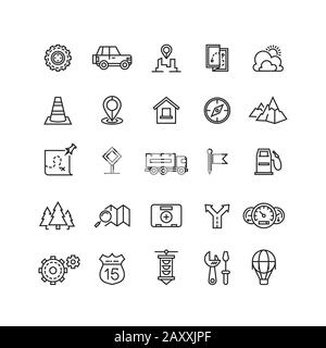 Reisen, Straßenverkehr, Positionsvektor lineare Symbole festgelegt. Symbol für Verkehrsfunk und Verkehrsweg, Abbildung mit Verkehrssymbols Stock Vektor