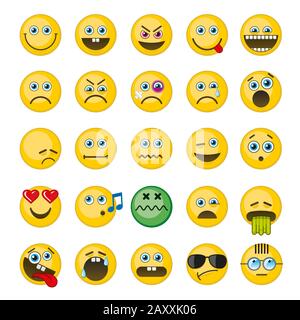 Emoji, Emoticons Vektorsymbole festgelegt. Emotionen lächelnd, wütend lächelnd, fröhlich witziger Smiley, Barf Smiley-Illustration Stock Vektor