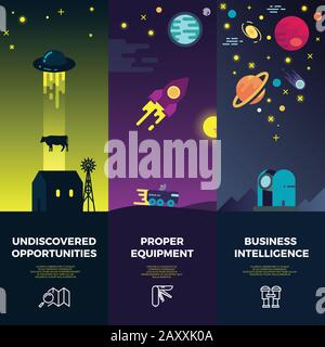 Space-Vektor-Banner mit flachen astronomischen und ufo-Symbolen und Planeten. UFO-Wissenschaft, ufo-Rakete, Raumsonde ufo-Illustration Stock Vektor