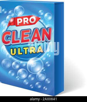 Pulverwaschmittel auf Karton Vektor-Mockup. Waschmittel, Verpackungswäsche, Beutel, Reinigungsanillustration Stock Vektor