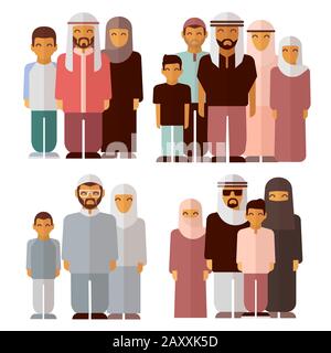 Arabische Familie in traditioneller muslimischer Kleidung. Muslimische Familie, muslimische Traditionsmenschen, muslimische Kultur. Vektorgrafiken Stock Vektor