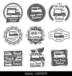 Vintage Embleme und Logos Vektor-Set für Food-Truck-Festivals. Aufkleber Lebensmittel-Truck, Symbol Vintage Food Truck, Plakette Food Truck Illustration Stock Vektor