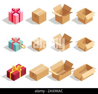 Karton und Geschenkkartons geöffnet und geschlossen. Isometrische 3D-Vektorsymbole für Infografiken zur Lieferung. Karton, Geschenkkarton und Verpackungskarton Vektor Stock Vektor