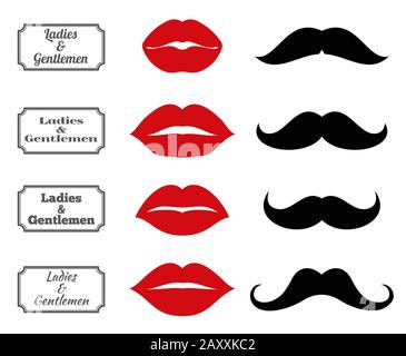 Meine Damen und Herren Badsymbole. Vektorlippen und Schnurrbart. Lippen- und Schnurrbart, klassische Silhouettenlippe und Schnurrbart, Hüftlippe an Stock Vektor