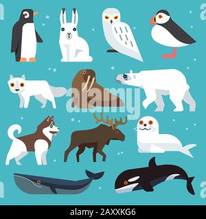 Symbole für Polartiere. Polarvögel und arktische Nordtiere sind im flachen Stil gehalten Stock Vektor