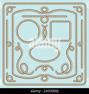 Seilrahmen, Knoten und Ecken. Seil nautisch, seilstark, Seilschlaufe, Marineseil. Dekorative Elemente der Vektorgrafiken Stock Vektor