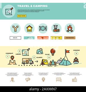 Infografik zu Camping, Reisen und Tourismus. Website-Design-Vorlage. Tourism Travel Website, Website Reise und Camping, Infografik Trabel Web il Stock Vektor