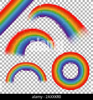 Regenbogenvektor auf transparentem Plaid Hintergrund eingestellt. Rainbow Icon rund, dekorativer Regenbogenbogen, kurvenförmige Regenbogendarstellung Stock Vektor