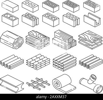 Baumaterialien. Isometrische 3D-Symbole. Materialeisenkonstruktion, Dachmaterial für den Bau, Baubedarf. Vektor illust Stock Vektor