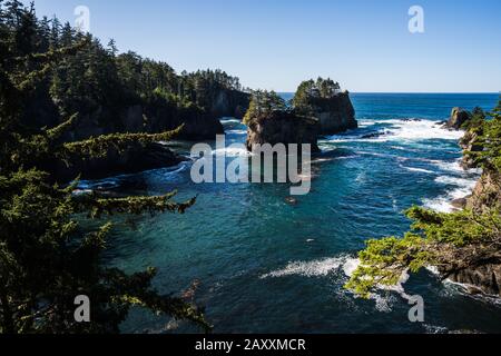 Felsige Inseln im Ozean am Cape Flattery, Pacific Northwest USA Stockfoto