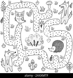 Schwarz-weißes Labyrinth-Spiel für Kinder. Helfen Sie dem Baby Wolf, den Weg zu seiner Mutter zu finden Stock Vektor