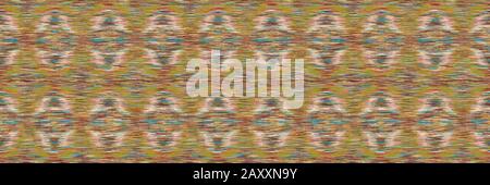 Weiche Unschärfe Damask Ikat Tapestry Banner Textur. Nahtloses Grenzmuster. Abstrakter Raum-Dye-Motif-Melange-Effekt Mit Blootched. Mehrfarbige, Kunstspice Stock Vektor