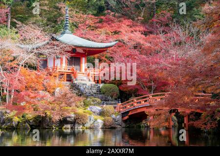 Rote Pagode und rote Brücke mit Teich und Farbe wechseln Ahorne im Daigoji-Tempel in der Herbstsaison am November in Kyoto, Japan. Japan Tourismus, Natur Stockfoto