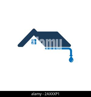 Logo-Vorlage für Dachrinne und Hausdach. Vektor-Design des Dachauswurfkrümmers. Logotyp für Putter-Services Stock Vektor