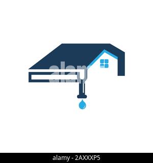 Logo-Vorlage für Dachrinne und Hausdach. Vektor-Design des Dachauswurfkrümmers. Logotyp für Putter-Services Stock Vektor