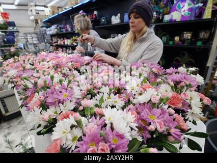 St. Louis, Vereinigte Staaten. Februar 2020. Walter Knoll Arbeiter bauen die Blumenarrangements von Cutie Pies zusammen, die am Valentinstag in St. Louis am Donnerstag, den 13. Februar 2020 geliefert werden sollen. Foto von Bill Greenblatt/UPI Credit: UPI/Alamy Live News Stockfoto