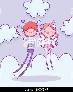 Fröhlicher Valentinstag, Junge mit kupiger Haltung Herz Liebe Wolken Vektor Illustration Stock Vektor