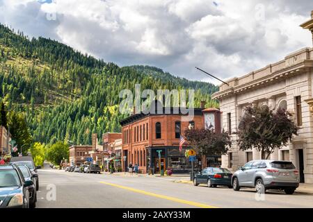 Die historische Hauptstraße der Bergarbeiterstadt Wallace, Idaho, im Gebiet des Silver Valley im Inland Northwest der USA Stockfoto