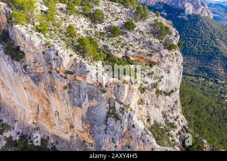 Ruinen der Festung Castell d'Alaro auf Puig d'Alaro, in der Nähe von Alaro, Serra de Tramuntana, Luftbild, Mallorca, Balearen, Spanien Stockfoto