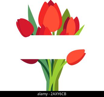 Helle positive Vektor floralen Rahmen mit roten Tulpenblüten isoliert auf weiß. Grußkartenvorlage, Poster. Minimales Designkonzept für Banner Stock Vektor