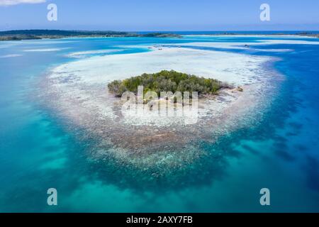 Eine abgelegene, tropische Insel im Molukkensee, Indonesien, ist von einem gesunden Korallenriffe umgeben. In dieser Region gibt es eine unglaubliche biologische Vielfalt der Meere. Stockfoto