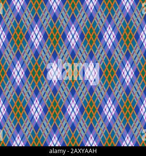 Detailliertes, nahtloses Rhomb-Illustrationsmuster als Tartan-Plaid, hauptsächlich in blauen Farbtönen mit violetten und orangefarbenen Linien Stock Vektor