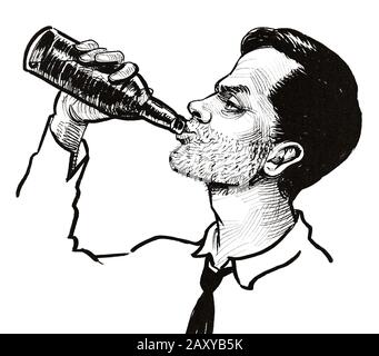 Alkoholischer Mann trinkt Bier aus der Flasche. Schwarz-weiße Tinte Stockfoto